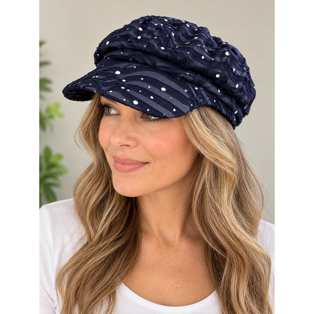 Something Special Navy Blue Newsboy Cap Rhinestone Sequin Textured Hat